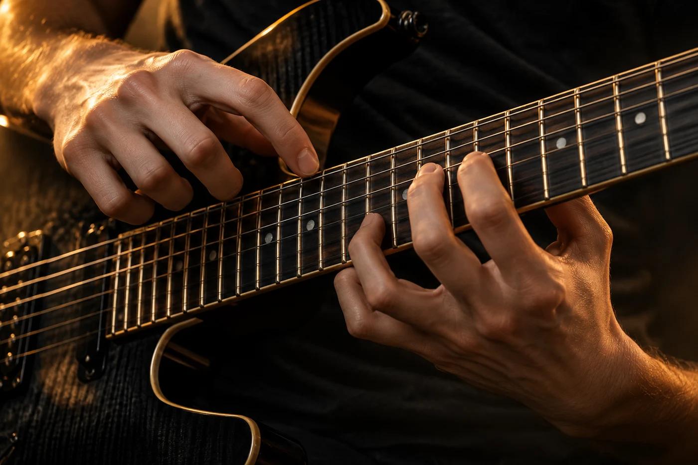 Imagem conceitual de duas mãos executando tapping no braço de uma guitarra